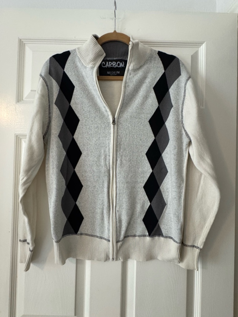 Carbon Men's Zip-Up Sweater Cream with Black and Gray Argyle 100% Cotton